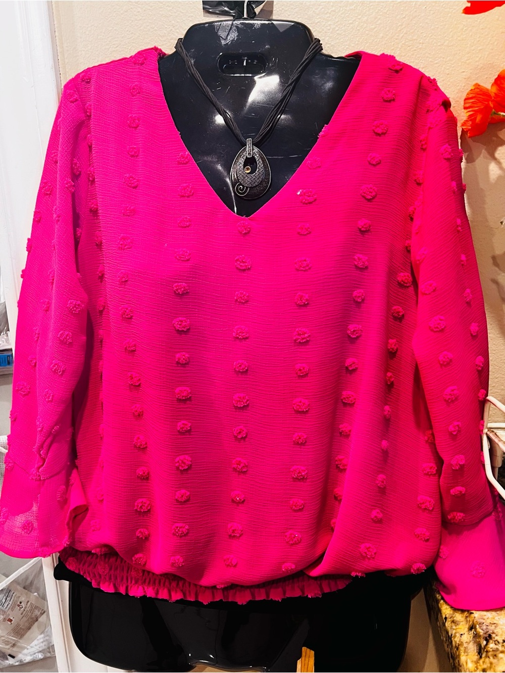 Pink Bubble Dot V-Neck Blouse